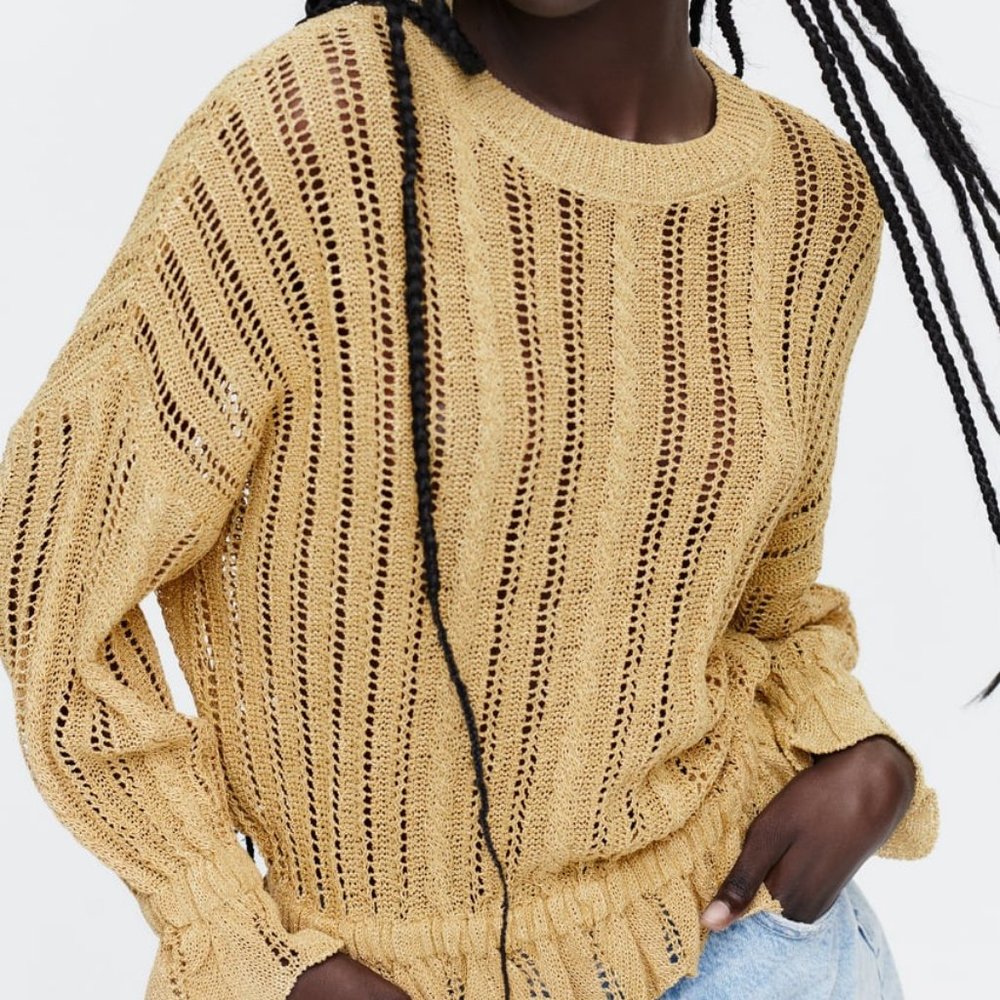 NWT Ruffled Open Knit Golden Sweater. - Picture 2 of 9